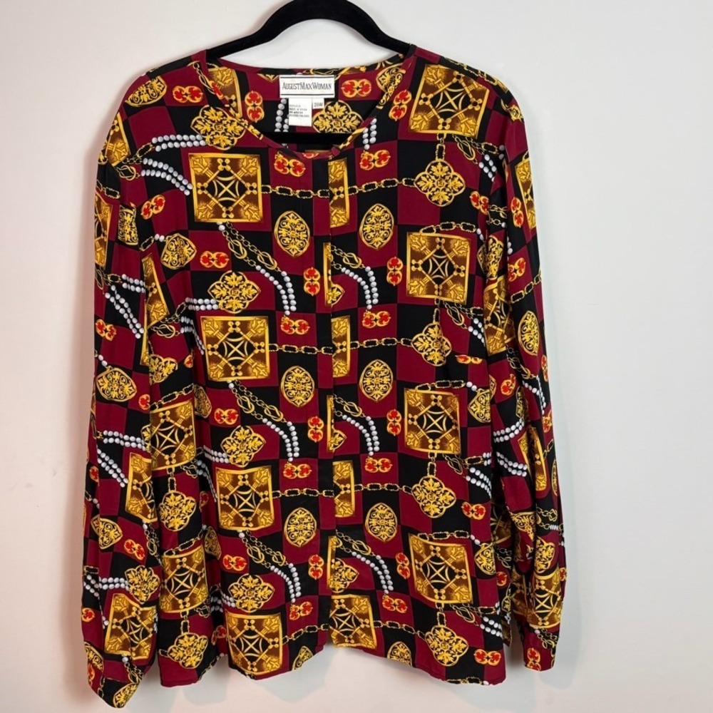 VTG August Max Womens 90's Silk Baroque Print Button Front top sz 20W Old Money